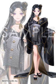 1girl black_hair black_kimono black_nails collarbone commentary_request copyright_name dolustoy flower hair_flower hair_ornament japanese_clothes kimono long_hair meloco_kyoran meloco_kyoran_(new_year) nijisanji nijisanji_en official_art platform_sandals projected_inset purple_eyes sample_watermark sandals very_long_hair virtual_youtuber watermark wide_sleeves