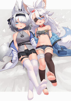 2girls absurdres animal_ears blue_eyes chinese_commentary commentary_request eyepatch fox_ears fox_girl fox_tail highres karv large_variant_set multiple_girls no_shoes original shorts tail thighhighs variant_set white_hair
