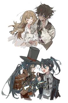 1girl 3boys absurdres black_coat black_hair black_hat blush brown_capelet brown_coat brown_hair capelet catherine_(project_moon) closed_eyes coat dress full-stop_office_(identity)_(project_moon) hand_up hat heathcliff_(project_moon) high_ponytail highres hong_lu_(project_moon) jingshenhuanghu limbus_company long_hair long_sleeves low_ponytail multiple_boys open_mouth ponytail project_moon puffy_long_sleeves puffy_sleeves purple_eyes simple_background smile top_hat white_background white_dress yurodiviye_(identity)_(project_moon)