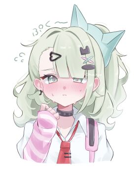 Rule 34 | 1girl, arm warmers, bandaid, bandaid hair ornament, blush, chinatsu remiel, closed mouth, collar, collarbone, commentary request, earrings, flying sweatdrops, green eyes, green hair, hair ornament, hand up, heart, heart hair ornament, highres, jewelry, looking at viewer, moe nayo, multiple hair clips, musical note earrings, necktie, pink arm warmers, pink bag, ponytail, red necktie, shirt, simple background, solo, striped arm warmers, sweat, twitter username, upper body, white background, white shirt, zenless zone zero