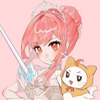 Rule 34 | 1girl, ahoge, animal, armor, bow, bowtie, breastplate, bright pupils, brown eyes, cat, chinese commentary, cloak, closed mouth, clothed animal, collar, collarbone, commentary request, detached collar, dot nose, dress, ear covers, earrings, eyelashes, feather earrings, feathers, fingernails, flower, flower earrings, frilled arm warmers, hair bun, hair intakes, hand on own hip, happy, highres, holding, holding sword, holding weapon, hood, hood up, hooded cloak, infinity nikki, jewelry, lace collar, light blush, looking at viewer, loose hair strand, melody bloom (infinity nikki), momo (nikki), nikki (nikki), nikki (series), pink background, pink hair, red bow, red bowtie, rose, short hair with long locks, short sleeves, sidelocks, simple background, single hair bun, smile, sparkling eyes, sword, tiara, updo, upper body, v-shaped eyebrows, wavy hair, weapon, whiskers, white arm warmers, white cat, white collar, white dress, white flower, white pupils, white rose, wind, xianliqingkong, yellow cloak