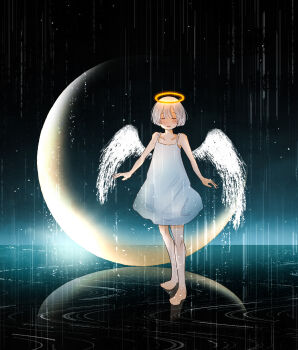 1girl angel angel_wings barefoot center-flap_bangs closed_eyes closed_mouth commentary_request crescent_moon double-parted_bangs dress facing_viewer full_body halo highres horizon moon night night_sky nor_ni ocean original rain reflection short_hair sky sleeveless sleeveless_dress solo standing straight-on surreal traditional_halo white_dress white_hair white_wings wings