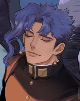 1boy alternate_hair_color black_jacket blue_hair buttons closed_eyes closed_mouth collared_jacket comic_panel_redraw commentary derivative_work earrings english_commentary eyelashes gakuran highres jacket jewelry jojo_no_kimyou_na_bouken kakyoin_noriaki kookirani male_focus medium_sideburns parted_hair piercing school_uniform sideburns solo stardust_crusaders upper_body