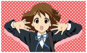 1girl artist_request brown_eyes brown_hair dot_nose facing_viewer feet_out_of_frame female_focus hair_ornament hairclip hirasawa_yui k-on! long_sleeves looking_at_viewer open_mouth ribbon sakuragaoka_high_school_uniform school_uniform shirt solo source_request standing teeth white_shirt