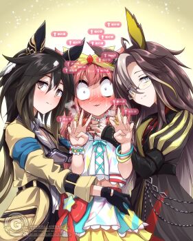 3girls absurdres agnes_digital_(umamusume) ahoge animal_ears black_hair blonde_hair blue_eyes blush bow brown_eyes brown_hair closed_mouth commentary_request constricted_pupils double_v dream_journey_(umamusume) ear_ornament eyes_visible_through_hair g_(genesis1556) glasses goggles goggles_around_neck grey_hair hair_bow heads_together highres horse_ears hug jewelry light_smile long_hair looking_at_viewer low_ponytail multicolored_eyes multicolored_hair multiple_girls multiple_rings nervous_sweating nose_blush panicking parted_lips pink_hair ponytail purple_eyes ring stay_gold_(umamusume) sweat trembling two-tone_hair umamusume upper_body user_interface v very_long_hair watermark white_hair wide-eyed