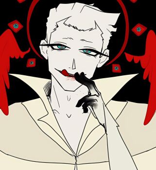 1boy angel angel_wings black_background blood blue_eyes highres looking_at_viewer male_focus medium_hair septem_(to_eat_a_god) to_eat_a_god upper_body visual_novel white_hair wings