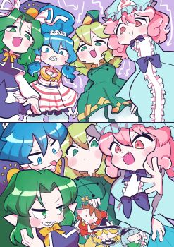 6+girls absurdres apron ascot black_hairband black_vest blonde_hair blue_capelet blue_eyes blue_hat blue_kimono bow bowtie braid brown_hair capelet cuffs detached_sleeves dress fang fang_out frilled_bow frilled_hair_tubes frilled_kimono frills ghost ghost_tail green_dress green_eyes green_hair green_skirt green_vest grey_hair hair_bow hair_ornament hair_tubes hairband hakurei_reimu handcuffs hat hat_bow highres japanese_clothes kimono kirisame_marisa konpaku_youmu kurarasima_gako long_hair long_sleeves mima_(touhou) miyadeguchi_mizuchi mob_cap multiple_girls ofuda ofuda_on_clothes open_mouth pink_eyes pink_hair pointy_ears red_bow red_skirt ribbon saigyouji_yuyuko sharp_teeth shirt short_hair side_braid single_braid skirt skirt_set skull_hair_ornament smile soga_no_tojiko solo species_connection staff striped_clothes striped_shirt striped_skirt sun_print sun_symbol tate_eboshi teeth touhou touhou_(pc-98) triangular_headpiece vest waist_apron white_bow wide_sleeves witch_hat wizard_hat yellow_bow yellow_bowtie