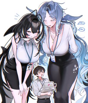 ... 1boy 2girls absurdres artist_name belt black_belt black_hair black_pants black_skirt blue_hair braid breasts cetacean_tail cleavage closed_eyes closed_mouth collared_shirt dorsal_fin fins fish_tail giant giantess haze_(7h4ze) highres holding holding_paper id_card large_breasts long_skirt looking_at_another miniskirt multicolored_hair multiple_girls office_lady open_mouth orca_(haze_(7h4ze)) orca_girl original pants paper pencil_skirt shirt single_braid skirt sleeveless sleeveless_shirt smile spoken_ellipsis streaked_hair tail two-tone_hair whale_girl white_background white_eyes white_hair white_shirt