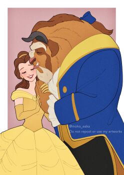 1boy 1girl absurdres beast_(disney) beauty_and_the_beast_(disney) belle_(disney) blue_coat brown_hair closed_eyes coat commentary dress flower full_moon furry furry_with_non-furry highres hug interspecies long_coat moko_eaka moon night open_clothes symbol-only_commentary yellow_dress