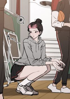 1girl black_eyes black_hair black_skirt classroom commentary fingernails full_body grey_hoodie hair_bun hair_rollers highres hood hoodie hye_xa korean_text long_fingernails looking_to_the_side original pink_nails pleated_skirt shoes skirt socks speech_bubble squatting symbol-only_commentary white_shoes white_socks