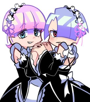 Rule 34 | 2boys, apron, black dress, black nails, blue eyes, blue hair, blunt bangs, blush, bowl cut, brothers, clenched teeth, cosplay, crossdressing, crossdressing (mtf), detached sleeves, dress, frilled apron, frilled dress, frilled sleeves, frills, grin, hair over one eye, highres, holding hands, looking at viewer, maid, maid headdress, male focus, male maid, multiple boys, nail polish, panty &amp; stocking with garterbelt, pink hair, polyester (psg), polyurethane (psg), poribrothers 23, ram (re:zero), ram (re:zero) (cosplay), re:zero kara hajimeru isekai seikatsu, red eyes, rem (re:zero), rem (re:zero) (cosplay), roswaal mansion maid uniform, siblings, simple background, smile, teeth, trap, white background