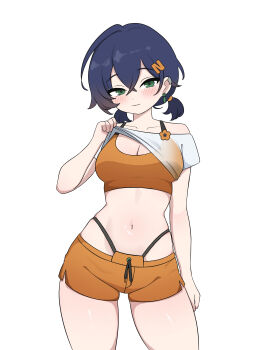 1girl absurdres arutemisu180 belle_(zenless_zone_zero) bikini blue_hair breasts cleavage closed_mouth clothes_lift commentary_request cowboy_shot earrings green_eyes hair_between_eyes hair_ornament highres jewelry letter_hair_ornament looking_at_viewer medium_breasts navel orange_bikini orange_shorts shirt shirt_lift short_hair short_twintails shorts simple_background solo swimsuit twintails white_background white_shirt zenless_zone_zero