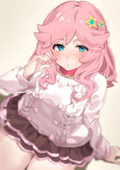 1girl absurdres blue_eyes blurry blush brown_background carskey1120 commentary depth_of_field grey_skirt hair_ornament hashtag-only_commentary highres ikizulive!_love_live!_bluebird kanazawa_miracle long_hair long_sleeves looking_at_viewer love_live! pink_hair skirt solo star_(symbol) star_hair_ornament sweater thighs white_sweater