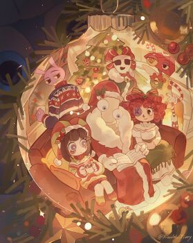 1other 3boys 3girls alternate_costume animal_ears bead_necklace beads black_hair blue_eyes blush book bow button_eyes buttons caine_(the_amazing_digital_circus) chess_piece christmas christmas_sweater christmas_tree cloak coat colored_sclera colored_teeth couch cup dress fur-trimmed_cloak fur_trim furry furry_male gangle_(the_amazing_digital_circus) giant gloves green_cloak green_eyes grin hair_bow hand_on_own_hip hashtag-only_commentary hat heterochromia highres holding holding_book holding_cup horns hot_chocolate jax_(the_amazing_digital_circus) jester jester_cap jewelry king_(chess) kinger_(the_amazing_digital_circus) mistletoe mug multicolored_eyes multiple_boys multiple_girls necklace on_couch open_book open_mouth pomni_(the_amazing_digital_circus) purple_fur rabbit_boy rabbit_ears ragatha_(the_amazing_digital_circus) red_coat red_gloves red_hair red_ribbon ribbon single_wing sitting smile sweater teeth the_amazing_digital_circus twitter_username white_dress white_mask wings xiaowu_nora yellow_sclera yellow_teeth zooble_(the_amazing_digital_circus)