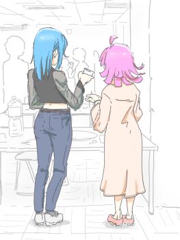 2girls belt blue_hair character_request denim highres jeans love_live! love_live!_nijigasaki_high_school_idol_club midriff multiple_girls necosaghi pants pink_hair shoes sneakers tagme tennoji_rina