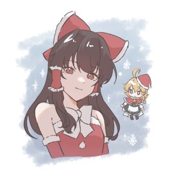 Rule 34 | 2girls, alternate costume, apron, back bow, bell, black skirt, black vest, blonde hair, bow, bowtie, braid, brown eyes, brown hair, capelet, carin (c arin1012), christmas, closed mouth, commentary, dress, frilled bow, frilled hair tubes, frills, hair bow, hair tubes, hakurei reimu, hat, highres, kirisame marisa, long hair, looking at viewer, multiple girls, neck bell, red bow, red capelet, red dress, red hat, santa costume, santa dress, santa hat, side braid, single braid, skirt, smile, snowflakes, touhou, upper body, vest, white apron, white bow, white bowtie