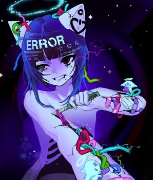 1girl :d android animal_ears averting_eyes bandaid bandaid_on_arm black_eyes blue_eyes boxcutter cable cat_ears commentary cracked_skin error_message ghost grin halo heterochromia highres holding holding_boxcutter imminent_self-harm imminent_suicide kemonomimi_mode loose_wires marine_(216631) open_mouth original ribs self-harm sky smile solo star_(sky) starry_sky symbol-only_commentary upper_body wire wrist_cutting