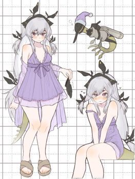 1girl arknights bare_shoulders between_legs blush breasts brown_sandals closed_mouth collarbone commentary_request dotted_line green_tail grey_hair grid_background hand_between_own_legs heart highres hiruandon222 holding long_hair looking_at_viewer multiple_views nightgown nose_blush red_eyes sandals small_breasts smile tail very_long_hair weedy_(arknights) white_background