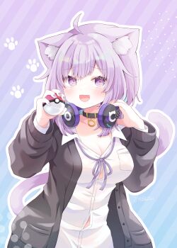 1girl :3 abstract_background ahoge animal_collar animal_ear_fluff animal_ears animal_print black_collar black_jacket blue_background blush breasts cat_ears cat_girl cat_print cat_tail cleavage collar commentary_request double-parted_bangs gradient_background headphones headphones_around_neck highres holding holding_headphones holding_poke_ball hololive jacket large_breasts long_sleeves looking_at_viewer mimori_(mim0_ri) neck_ribbon nekomata_okayu nekomata_okayu_(oversized_shirt) nintendo official_alternate_costume open_mouth outline paw_print poke_ball pokemon purple_background purple_eyes purple_hair purple_ribbon raised_inner_eyebrows ribbon shirt short_hair smile solo tail upper_body virtual_youtuber white_outline white_shirt