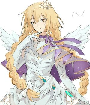1girl alternate_costume angel_wings blonde_hair blush bow braid closed_mouth dress elbow_gloves fate/grand_order fate_(series) feathered_wings formal_clothes gloves hair_bow highres jeanne_d&#039;arc_(fate) long_hair looking_at_viewer metatron_jeanne_(fate) nekwnek simple_background smile solo twin_braids very_long_hair white_background white_bow white_dress white_gloves white_wings wings yellow_eyes