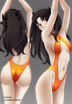 1girl armpits arms_up ass back black_hair breasts clothing_cutout commentary_request fate/grand_order fate_(series) grey_background ishtar_(fate) long_hair multiple_views navel one-piece_swimsuit orange_one-piece_swimsuit orange_slingshot_swimsuit red_eyes simple_background slingshot_swimsuit small_breasts stomach swimsuit two_side_up very_long_hair xkzan