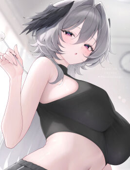 1girl absurdres artist_name bare_shoulders black_shirt black_shorts blurry blurry_background blush breasts commentary_request commission crop_top depth_of_field from_below grey_hair hair_between_eyes hair_intakes halter_shirt halterneck head_wings highres holding indie_virtual_youtuber indoors large_breasts long_hair looking_at_another mimikaki namedango_(uouodango) navel parted_lips pink_eyes revision richamu shirt shorts sleeveless sleeveless_shirt solo very_long_hair virtual_youtuber watermark wings