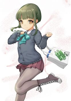 Rule 34 | 1girl, absurdres, aqua bow, aqua bowtie, bob cut, boots, bow, bowtie, brown eyes, brown skirt, cardigan, collared shirt, commentary request, dress shirt, green hair, grey cardigan, grey pantyhose, highres, kantai collection, lace-up boots, pantyhose, shirt, shopping back, short hair with long locks, skirt, solo, standing, takanami (kancolle), takanami (valentine) (kancolle), white shirt, yashin (yasinz)