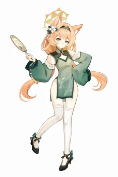 Rule 34 | 1girl, absurdres, alternate costume, animal ear fluff, animal ears, black hairband, black shoes, blue archive, blush, bow, breasts, cat ears, china dress, chinese clothes, chinese commentary, cleavage, cleavage cutout, closed mouth, clothing cutout, commentary request, detached sleeves, double-parted bangs, dress, earrings, flower, footwear bow, full body, green bow, green dress, green eyes, green sleeves, hair flower, hair intakes, hair ornament, hairband, halo, hanchansiqingyun, hand fan, hand on own hip, high heels, highres, holding, holding fan, jewelry, long hair, long sleeves, looking at viewer, low twintails, mari (blue archive), orange hair, pelvic curtain, puffy long sleeves, puffy sleeves, shoes, side slit, sidelocks, simple background, single sleeve past fingers, sleeveless, sleeveless dress, small breasts, smile, standing, standing on one leg, tassel, thighhighs, twintails, very long hair, white background, white flower, white thighhighs, yellow halo