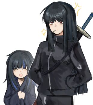 2girls :d ^_^ aged_down anger_vein araya_(project_moon) bags_under_eyes black_hair black_jacket black_kimono blue_hair closed_eyes commentary empurpiee english_commentary hands_in_pockets highres jacket japanese_clothes kimono limbus_company long_hair mother_and_daughter multicolored_hair multiple_girls official_alternate_costume ootachi open_mouth own_hands_together pants project_moon red_eyes ryoshu_(project_moon) smile smoking streaked_hair two-tone_hair upper_body weapon weapon_on_back white_background
