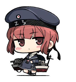 1girl black_neckerchief blue_dress blue_hat blue_sailor_collar brown_eyes brown_hair chibi chibi_only closed_mouth clothes_writing commentary dress hair_between_eyes hat kantai_collection long_sleeves looking_at_viewer neckerchief rigging sailor_collar sailor_dress sailor_hat short_hair simple_background solo standing white_background yagumo_kengou z3_max_schultz_(kancolle)