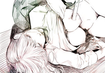 1boy 1girl blood blood_from_mouth bottomless bow bow_bra bra bra_lift breasts closed_mouth clothes_lift commentary_request corpse cowboy_shot crosshatching disorder! empty_eyes female_pubic_hair frown gloves greyscale hair_between_eyes hair_spread_out hatching_(texture) hetero highres holding holding_ruler large_breasts lips long_hair long_sleeves looking_up lying monochrome navel necrophilia nipples no_pupils on_side original pubic_hair ruler shirt_lift solo_focus underwear