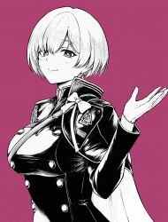 Rule 34 | 1girl, arm up, black jacket, bow, breasts, capelet, earrings, gloves, goddess of victory: nikke, highres, jacket, jewelry, large breasts, liliweiss (nikke), looking at viewer, military, military jacket, military uniform, portrait, short hair, simple background, smile, solo, star-shaped pupils, star (symbol), strap, symbol-shaped pupils, uniform, warubo, white gloves, white hair