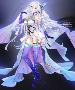 1girl alternate_costume artist_name asymmetrical_legwear bare_shoulders breasts bridal_veil character_name commentary dress english_commentary full_body genshin_impact gloves hair_ornament halterneck highres large_breasts leotard long_hair looking_at_viewer princess_ailish purple_gloves red_eyes signature skirk_(genshin_impact) solo thighhighs veil very_long_hair white_dress white_hair white_leotard