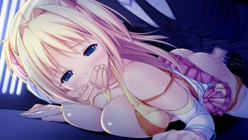 10s 1boy 1girl blonde_hair blue_eyes blush breasts censored game_cg hand_in_mouth hetero highres kagurazaka_namine koutaro long_hair mosaic_censoring protagonist_(tropical_vacation) sex tropical_kiss tropical_vacation twinkle_(company)