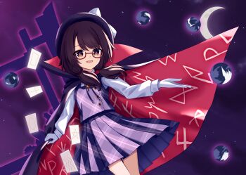 16sanrach 1girl absurdres brown_eyes brown_hair cape commentary crescent_moon glasses gloves hat highres long_hair long_sleeves looking_at_viewer low_twintails moon occult_ball open_mouth plaid_clothes plaid_skirt plaid_vest pleated_skirt purple_cape purple_vest red-framed_eyewear red_cape semi-rimless_eyewear shirt skirt smile solo touhou twintails two-sided_cape two-sided_fabric under-rim_eyewear urban_legend_in_limbo usami_sumireko vest white_gloves white_shirt zener_card