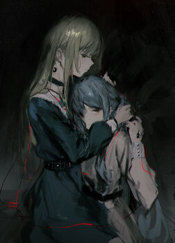 2girls absurdres bang_dream! bang_dream!_it's_mygo!!!!! blonde_hair blue_hair blush commentary dark_background dress eyelashes from_side hair_between_eyes hair_ribbon head_hug highres lemtun long_hair long_sleeves looking_at_viewer multiple_girls profile ribbon togawa_sakiko very_long_hair wakaba_mutsumi yellow_eyes