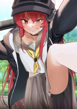 1girl absurdres altyn_helmet black010913 black_hair black_helmet blue_archive combat_helmet grey_sailor_collar gun helmet highres jacket leg_up long_hair long_skirt mossberg_590 neckerchief open_clothes open_jacket rabu_(blue_archive) red_eyes red_hair sailor_collar school_uniform sharp_teeth shirt shotgun skirt smile solo teeth weapon white_shirt yellow_neckerchief