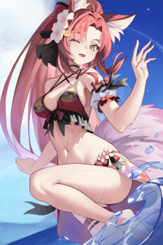 1girl absurdres animal_ears arm_strap azur_lane bare_shoulders bikini black_choker bowlp breasts choker cloud cloudy_sky collarbone commentary english_commentary frilled_bikini frills highres long_hair looking_at_viewer medium_breasts naka_(azur_lane) naka_(foxy_summer_surfer)_(azur_lane) navel official_alternate_costume one_eye_closed open_mouth pink_hair ponytail sideboob skindentation sky solo standing standing_on_one_leg stomach swimsuit teeth thigh_strap upper_teeth_only very_long_hair water water_drop