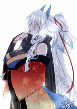 Rule 34 | 1girl, animal ears, artist name, bare shoulders, black scarf, breasts, bridal gauntlets, dated, dragon horns, dragon tail, female focus, fox ears, horns, japanese clothes, kimono, konshin, large breasts, orie hakua, pixiv fantasia, pixiv fantasia new world, ponytail, scarf, signature, snow, solo, tail, white background, white hair, yawning, yellow eyes