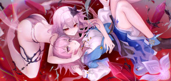2girls absurdres ass barefoot black_liquid black_panties black_shoes blue_jacket blue_skirt breasts commentary_request crystal dual_persona evernight_(honkai:_star_rail) feet flower hair_flower hair_ornament highres honkai:_star_rail honkai_(series) jacket jellyfish large_breasts long_hair march_7th_(honkai:_star_rail) march_7th_(preservation)_(honkai:_star_rail) medium_hair mishiya_(misiya_dream) multiple_girls panties pink_hair purple_eyes red_eyes shirt shoes shorts shorts_under_skirt skirt soles topless_female underwear very_long_hair white_shirt white_shorts