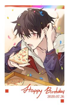 1boy black_hair blue_jacket border collarbone confetti dated ear_piercing earrings eating english_text food food_on_face green_eyes hair_behind_ear hair_between_eyes happy_birthday heterochromia holding holding_food holding_pizza hood hood_down hoodie hypnosis_mic jacket jewelry long_sleeves looking_at_viewer male_focus mole mole_under_eye mole_under_mouth multicolored_jacket open_clothes open_mouth piercing pizza pizza_slice red_eyes red_jacket short_hair shuiyiyaogong solo table upper_body white_hoodie yamada_ichiro