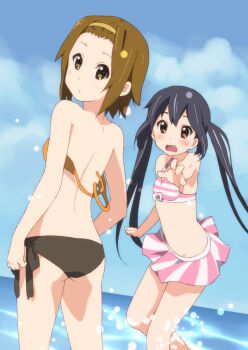 2girls ass back bikini black_hair blush brown_eyes brown_hair cloud day errant foreshortening hairband k-on! long_hair looking_back multiple_girls nakano_azusa ocean open_mouth outdoors outstretched_arm reaching short_hair side-tie_bikini_bottom sky swimsuit tainaka_ritsu twintails wardrobe_malfunction water