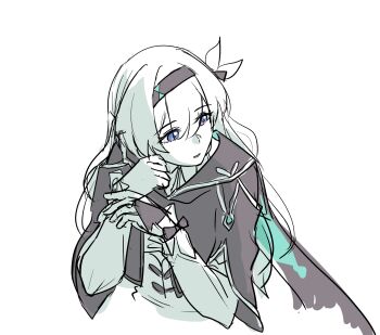 Rule 34 | 1girl, blue eyes, bow, clenched hand, dress, fingerless gloves, firefly (honkai: star rail), gloves, greyscale, hair between eyes, hair ornament, hair ribbon, hairband, hand on own face, hands up, hashtag-only commentary, highres, honkai: star rail, honkai (series), jacket, leaf hair ornament, long hair, long sleeves, looking to the side, monochrome, multicolored eyes, puffy long sleeves, puffy sleeves, purple eyes, ribbon, sailor collar, simple background, single glove, smile, solo, teeth, trap (trap 2023), upper body, wavy hair