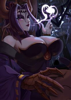 1girl absurdres bare_shoulders bat_tattoo black_hair breasts cleavage demon demon_girl demon_horns demon_wings digimoji digimon digimon_(creature) electricity energy eyeshadow facial_mark fallen_angel forehead_mark forehead_tattoo glowing hair_ornament heart_(symbol) highres horns large_breasts lightning lilithmon looking_at_viewer makeup multiple_wings piercing pointy_ears purple_eyeshadow purple_lips rain short_hair solo tattoo window wing_piercing wings zaviour