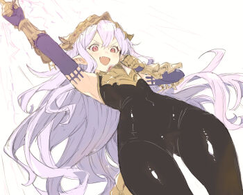 1girl arm_up armor armpits blush bodysuit breastplate clenched_hand detached_sleeves fang gauntlets gorirago granblue_fantasy headpiece highres long_hair looking_at_viewer medusa_(shingeki_no_bahamut) open_mouth pink_hair pointy_ears red_eyes shingeki_no_bahamut simple_background sleeveless sleeveless_bodysuit solo very_long_hair white_background