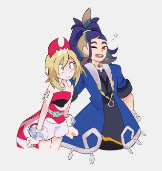 1boy 1girl adaman_(pokemon) blonde_hair blue_coat blue_hair blush brown_eyes clenched_hands coat cropped_legs eyebrow_cut galaxysketches green_hair grey_background hand_on_another's_back highres irida_(pokemon) multicolored_hair nintendo one_eye_closed pokemon pokemon_legends:_arceus two-tone_hair