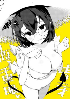 1girl absurdres bikini blush bracelet breasts cleavage collarbone commentary_request demon_tail flower glasses greyscale_with_colored_background hair_flower hair_ornament hat highres jewelry open_mouth original ouchi_kaeru round_eyewear short_hair solo straw_hat swimsuit tail yellow_background