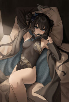 1girl absurdres bare_shoulders black_dress black_gloves black_hair black_jacket blue_archive blue_eyes blush breasts butterfly_hair_ornament china_dress chinese_clothes closed_mouth doumu_(31678316) dragon_print dress gloves grey_halo hair_between_eyes hair_ornament halo highres jacket kisaki_(blue_archive) light_blush long_hair looking_at_viewer lying on_back on_bed open_clothes open_jacket pelvic_curtain revision sidelocks sleeveless sleeveless_dress smile solo twintails