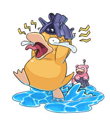 Rule 34 | ?, absurdres, black eyes, commentary request, creatures (company), crying, game freak, gen 1 pokemon, highres, korean commentary, nintendo, no humans, on head, open mouth, pokemon, pokemon (creature), pokemon on head, psyduck, raid (donghyeok), rock, shellder, slowpoke, tongue, water, white background