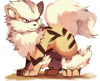 Rule 34 | absurdres, animal focus, arcanine, bright pupils, closed mouth, commentary request, fangs, full body, gen 1 pokemon, gtnsnin99, highres, nintendo, no humans, pokemon, pokemon (creature), red eyes, simple background, solo, white background, white pupils